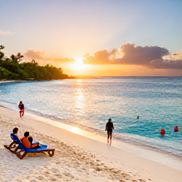 Caribbean Holidays, Antigua Beach Holidays, Visitors snorkelling at a coral reef, sun loungers on powdery sand, and sunset walks along the shore.