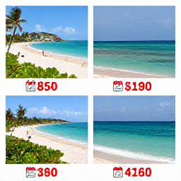 Caribbean Holidays, Best Time to Visit, Scenes of busy beaches and quiet coves during peak and shoulder seasons, with price tags and calendar icons.