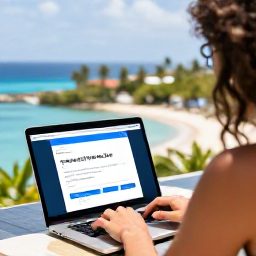 Caribbean Holidays, Booking With, A traveller researching options with a laptop, enjoying Caribbean scenery in the background