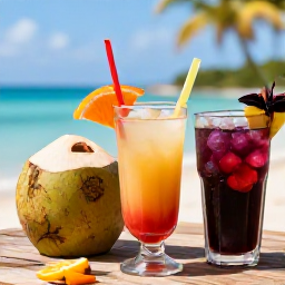 Caribbean Holidays, Caribbean Food and Drink, Tropical drinks and refreshing Caribbean beverages such as rum punch, coconut water, and sorrel at beachside bars.