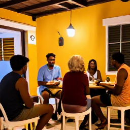 Caribbean Holidays, Caribbean Solo Travel, A glowingly lit hostel lobby where solo travellers chat and plan day trips together