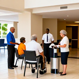 Caribbean Holidays, Retired People, A hotel lobby with clear accessibility features and friendly staff assisting guests.