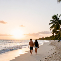 Caribbean Holidays, Things For Couples, A couple strolling along a secluded white-sand Caribbean beach at sunset.