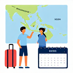 Caribbean Holidays, Caribbean Holidays, A couple planning a trip with a map, calendar and suitcase to illustrate Caribbean travel planning.