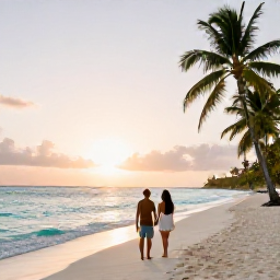 Caribbean Holidays, Couples Getaways, Soft white sand, turquoise water, palm trees, and sunset moments for couples on a Caribbean beach.