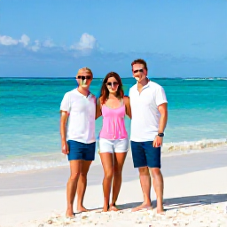 Caribbean Holidays, Information Reviews, Smiling travellers on a white-sand Caribbean beach with turquoise sea under a clear blue sky.