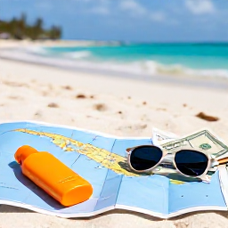 Caribbean Holidays, Information Tips, Image: A travel expert planning a Caribbean trip with map, sunscreen, and cash on a sunlit tropical beach.