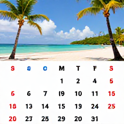 Caribbean Holidays, Time to Visit, Sunny Caribbean beach with palm trees and a calendar highlighting peak travel months.
