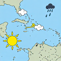 Caribbean Holidays, Weather Information, Map of Caribbean with sun, rain clouds, and trade winds showing seasonal patterns.