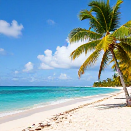 Caribbean Holidays, Caribbean Beaches, A sunlit Caribbean beach with white sand, turquoise water, and swaying palm trees.