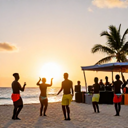 Caribbean Holidays, Caribbean Holidays, Vibrant Caribbean beach with music, dancing and cultural celebrations at sunset.