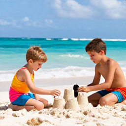 Caribbean Holidays, Best for Families, Family-friendly Caribbean beach scene with kids building sandcastles.