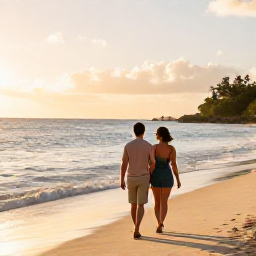 Caribbean Holidays, Best for Honeymooners, Sun-drenched Caribbean couple on a beach at golden hour.