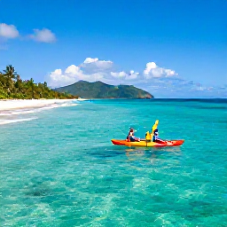 Caribbean Holidays, Active Beach Holidays, Active travellers kayaking through clear turquoise Caribbean water beside a sunny beach, with green hills in the distance