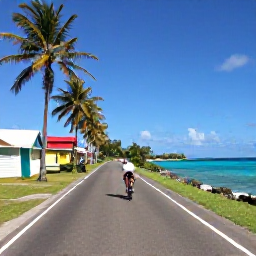 Caribbean Holidays, Active Beach Holidays, Cyclists riding along a quiet Caribbean island road beside a bright blue sea, with palm trees and colourful local houses
