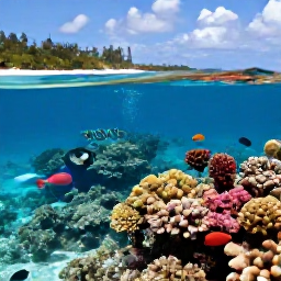 Caribbean Holidays, Active Beach Holidays, Snorkellers exploring a colourful Caribbean coral reef in clear shallow water, with tropical fish and a sandy beach nearby