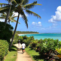 Caribbean Holidays, Active Beach Holidays, Travellers walking along a lush Caribbean coastal trail above a turquoise bay, with palms and tropical vegetation