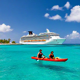 Caribbean Holidays, Active Caribbean Cruises, Active travellers kayaking through clear Caribbean water beside a modern cruise ship, bright tropical coastline in the background