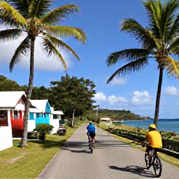 Caribbean Holidays, Active Caribbean Cruises, Cyclists riding along a scenic Caribbean island road past palm trees, colourful houses and a sparkling coastline