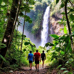 Caribbean Holidays, Active Caribbean Cruises, Hikers following a green Caribbean rainforest trail towards a waterfall, with sunlight filtering through tropical leaves