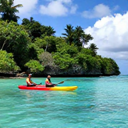 Caribbean Holidays, Active Caribbean Holidays, A couple kayaking through clear turquoise water beside a lush Caribbean island, bright tropical light and relaxed holiday atmosphere
