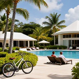 Caribbean Holidays, Active Caribbean Holidays, A couple relaxing after an active day at a stylish Caribbean resort, with bicycles nearby, tropical gardens and a peaceful pool