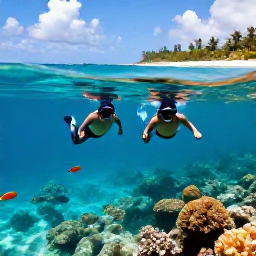 Caribbean Holidays, Active Caribbean Holidays, A couple snorkelling above a colourful coral reef in clear Caribbean water, with tropical fish and a white sandy beach in the background