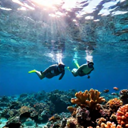 Caribbean Holidays, Active Caribbean Holidays, A couple snorkelling above a colourful coral reef in crystal-clear Caribbean water, tropical fish and sunlight filtering from the surface