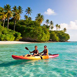 Caribbean Holidays, Active Caribbean Holidays, A fit traveller kayaking through clear turquoise water beside a lush Caribbean island, bright morning light, high-end holiday atmosphere