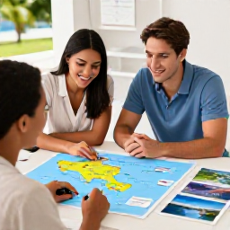 Caribbean Holidays, Active Caribbean Holidays, A friendly travel consultant showing a Caribbean island itinerary to a couple, with maps and holiday photographs on a desk