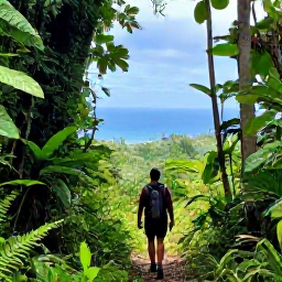 Caribbean Holidays, Active Caribbean Holidays, A hiker walking through lush Caribbean rainforest towards a viewpoint overlooking the coast and blue sea