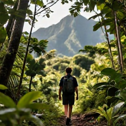 Caribbean Holidays, Active Caribbean Holidays, A hiker walking through lush tropical rainforest on a Caribbean island, with mountains and filtered sunlight in the background