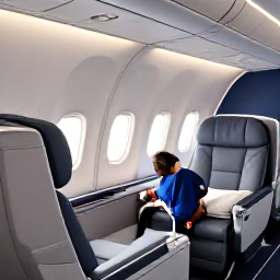 Caribbean Holidays, Active Caribbean Holidays, A modern business class aircraft cabin with a comfortable lie-flat seat, soft lighting and a traveller preparing for a Caribbean journey