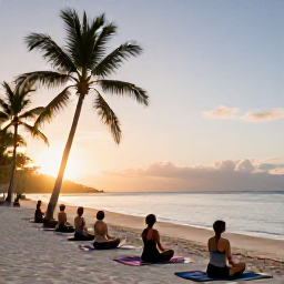 Caribbean Holidays, Active Caribbean Holidays, A peaceful outdoor yoga session on a Caribbean beach at sunrise, with palm trees and calm sea