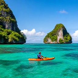 Caribbean Holidays, Active Caribbean Holidays, A sea kayaker paddling along a clear turquoise Caribbean coastline beside small green islands and dramatic cliffs