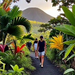 Caribbean Holidays, Active Caribbean Holidays, A small group hiking along a lush Caribbean rainforest trail with tropical plants, volcanic hills and warm morning light