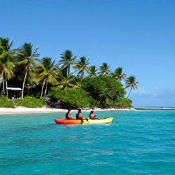 Caribbean Holidays, Active Caribbean Holidays, A small group kayaking through clear turquoise water beside a lush Caribbean island, bright sky and gently swaying palms
