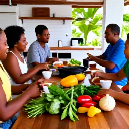 Caribbean Holidays, Active Caribbean Holidays, A small group learning Caribbean cooking in a welcoming local kitchen, with fresh herbs, peppers and colourful ingredients on a wooden table