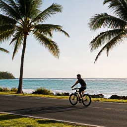 Caribbean Holidays, Active Caribbean Holidays, A traveller cycling along a quiet Caribbean coastal road with turquoise sea, palm trees and bright morning light