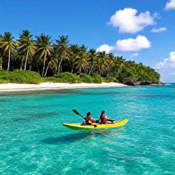 Caribbean Holidays, Active Caribbean Holidays, Active couple kayaking through clear turquoise Caribbean water beside a green tropical coastline