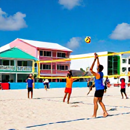 Caribbean Holidays, Active Caribbean Holidays, Active holidaymakers playing beach volleyball on a sunny Caribbean beach near colourful local buildings