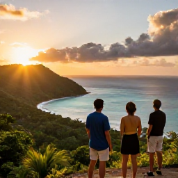 Caribbean Holidays, Active Caribbean Holidays, Active travellers watching a golden Caribbean sunset from a hillside viewpoint above turquoise water and forested coastline