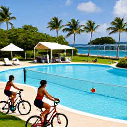 Caribbean Holidays, Active Caribbean Holidays, All-inclusive Caribbean resort with guests cycling, playing tennis and exercising beside a palm-fringed pool