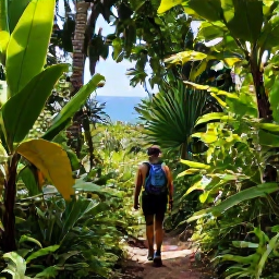 Caribbean Holidays, Active Caribbean Holidays, Backpacker hiking along a lush Caribbean rainforest trail with tropical plants, filtered sunlight and distant blue sea