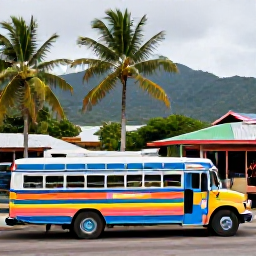 Caribbean Holidays, Active Caribbean Holidays, Backpacker travelling on a colourful Caribbean bus through a coastal village, with palms, local shops and mountains in the background