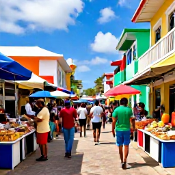 Caribbean Holidays, Active Caribbean Holidays, Colourful Caribbean market street with local food, lively music and travellers exploring on foot