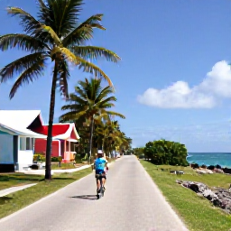 Caribbean Holidays, Active Caribbean Holidays, Couple cycling along a quiet Caribbean coastal road past palm trees, colourful houses and sparkling sea