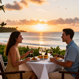 Caribbean Holidays, Active Caribbean Holidays, Couple enjoying a healthy Caribbean dinner and sunset view at an adults-only beachfront resort
