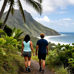 Caribbean Holidays, Active Caribbean Holidays, Couple hiking on a tropical Caribbean trail with palm trees, dramatic hills and ocean views