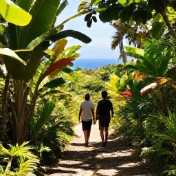 Caribbean Holidays, Active Caribbean Holidays, Couple hiking on a verdant Caribbean trail with tropical plants, distant sea views and dappled sunlight